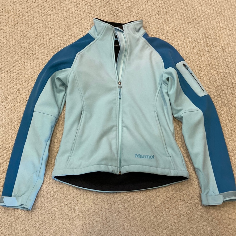 Marmot women’s medium windproof soft shell spring jacket coat. Blue/green.